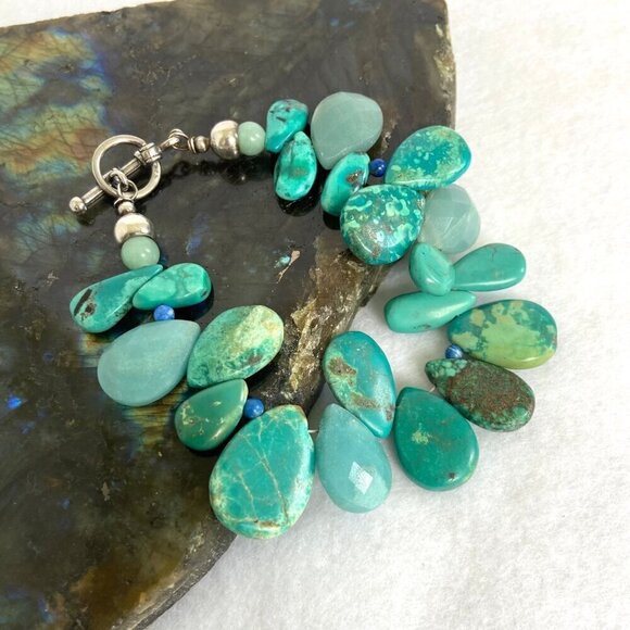 Sterling Silver 925 Teardrop Turquoise Aventurine & Sodalite Beaded Bracelet  7" - Picture 6 of 16